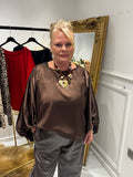 Satin ballon sleeve round neck top