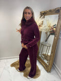 Wine Silver studded faux fur velour tracksuit