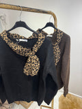 Leopard print bow tie neck jumper