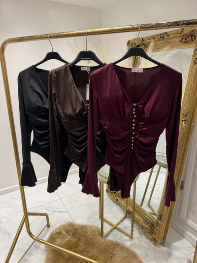 Ruched gold button bodysuit