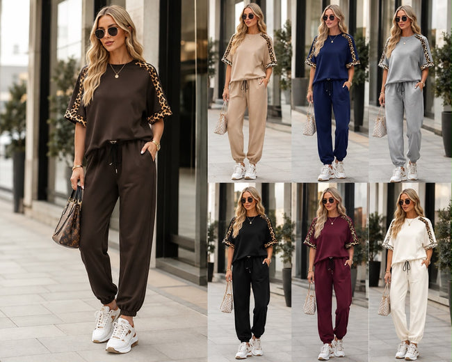 Short sleeve leopard print tracksuit