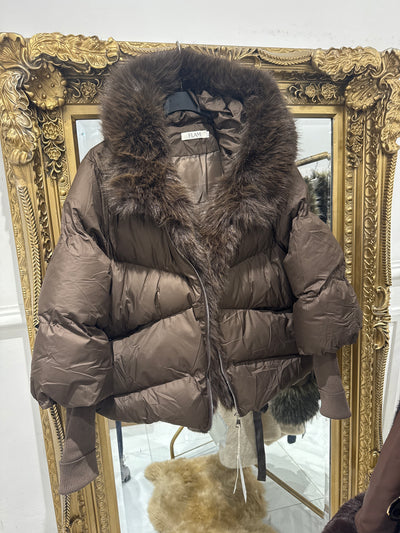 Brown faux fur puffa coat