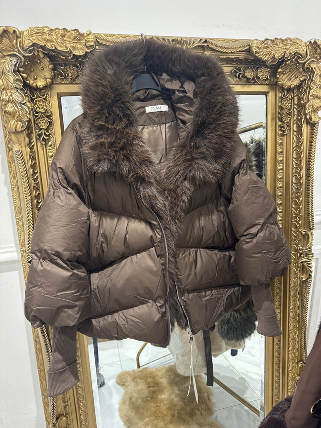 Brown faux fur puffa coat