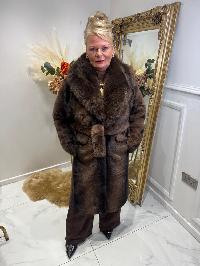 Brown faux fur long belted coat