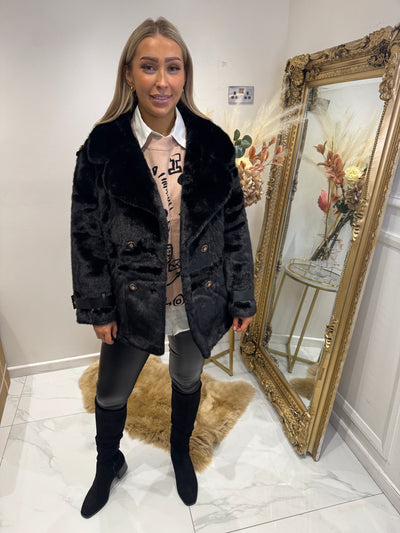 Black short faux fur military coat