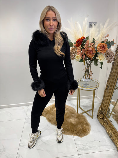 Black faux fur hooded tracksuit