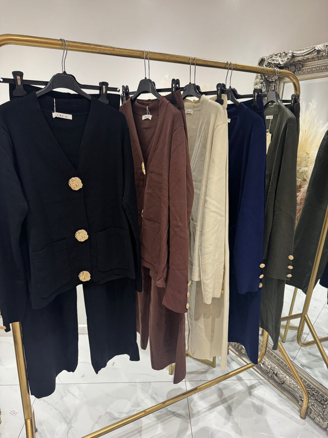 Long sleeve gold button cardigan set