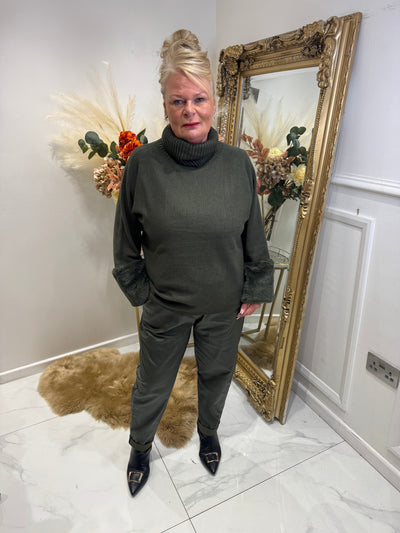 Faux fur cuff roll neck jumper