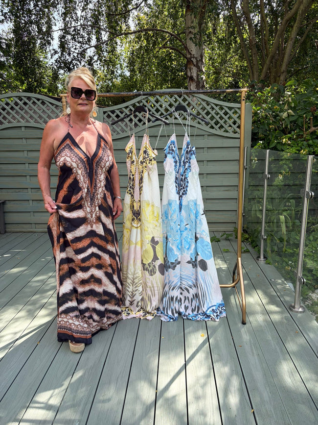 Long printed halter neck dress
