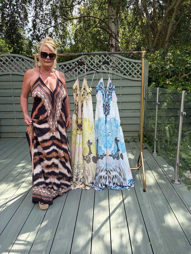 Long printed halter neck dress