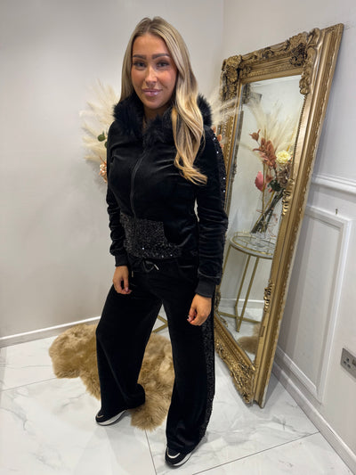 Black sequin faux fur velour tracksuit