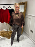 Satin ballon sleeve round neck top