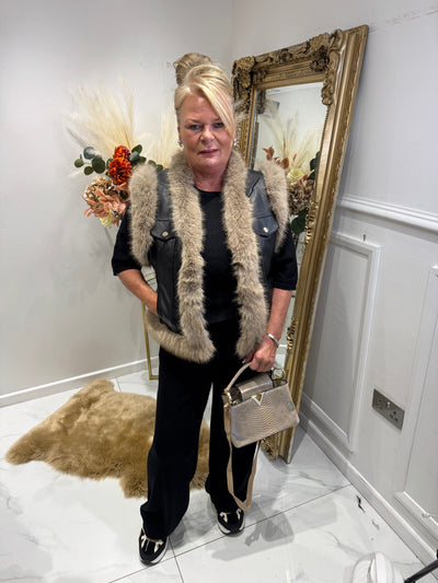 Black and beige faux fur waistcoat
