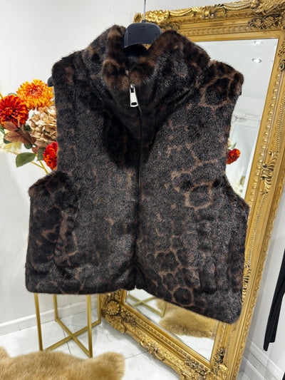 Brown leopard print faux fur waistcoat