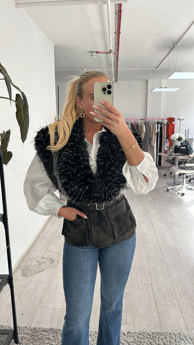 Black faux fur belted waistcoat
