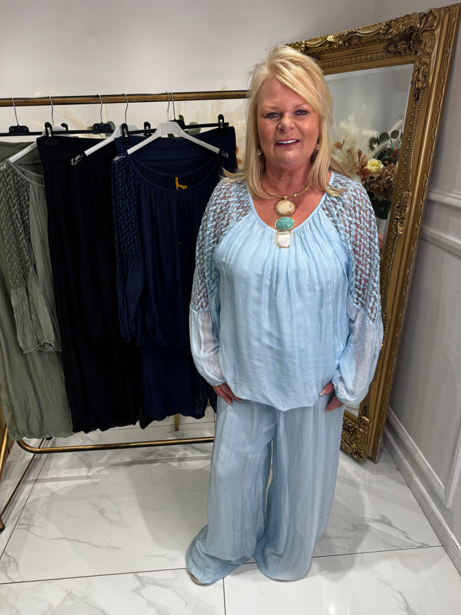 Lace shoulder SILK trouser set