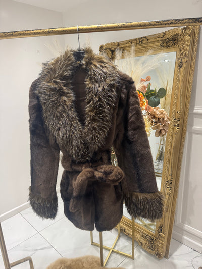 Brown faux fur belted jacket