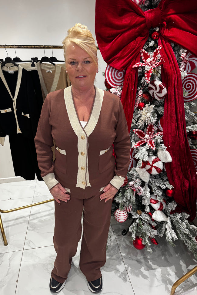 Gold button cardigan trouser set