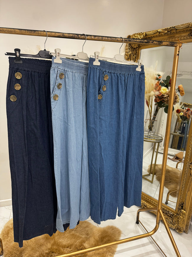 Denim gold button trousers
