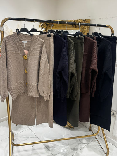 Gold button cardigan and trouser set