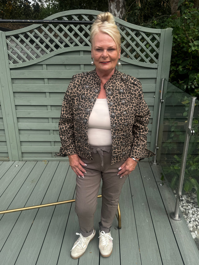 Leopard print military denim jacket