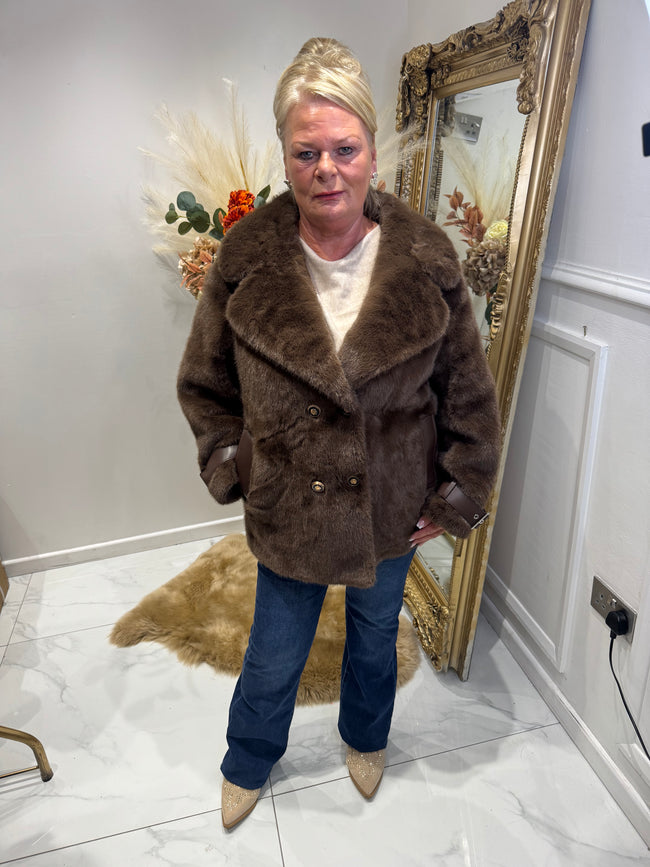 Brown faux fur short military coat