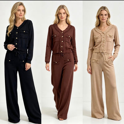 Long sleeve gold button knitted tracksuit