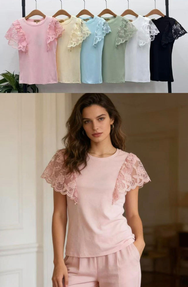 Cotton stretchy lace shoulder t-shirt