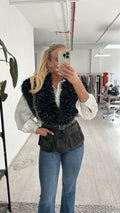Black faux fur belted waistcoat