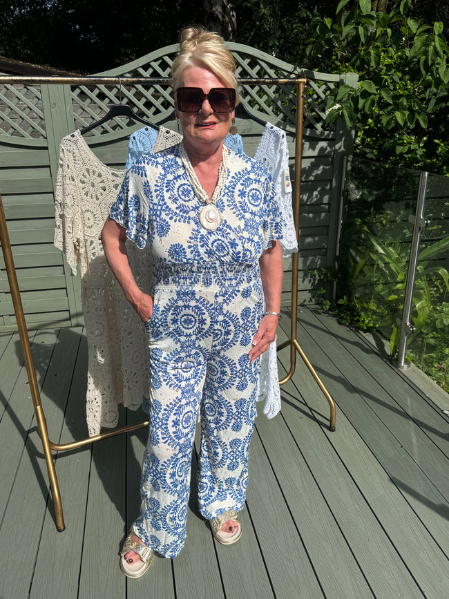 White/blue PAISLEY jumpsuit