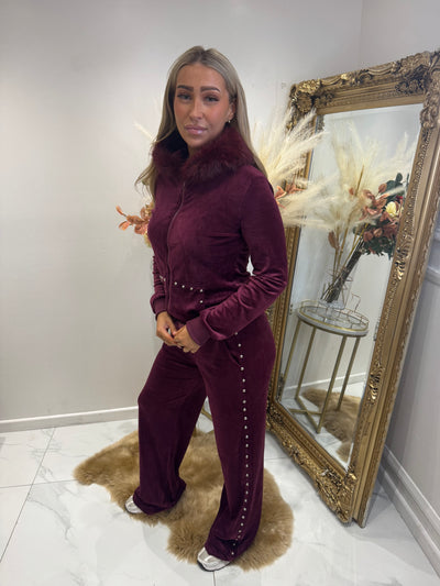 Wine Silver studded faux fur velour tracksuit