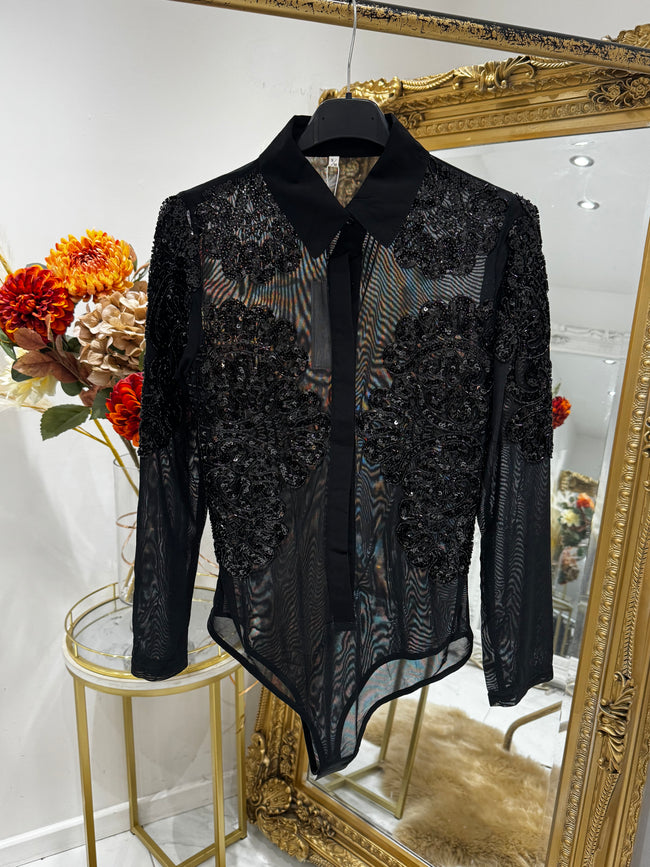 Black mesh sequin bodysuit