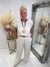 Beige stripe trouser set with belt