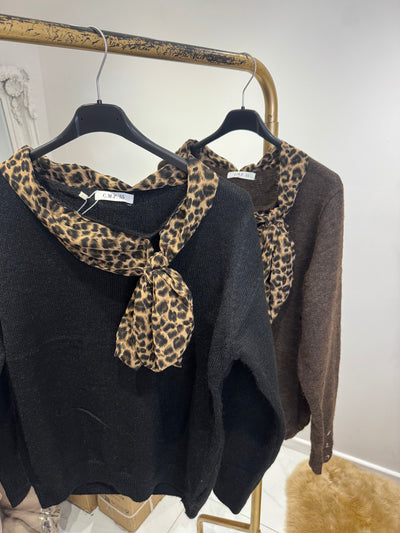Leopard print bow tie neck jumper
