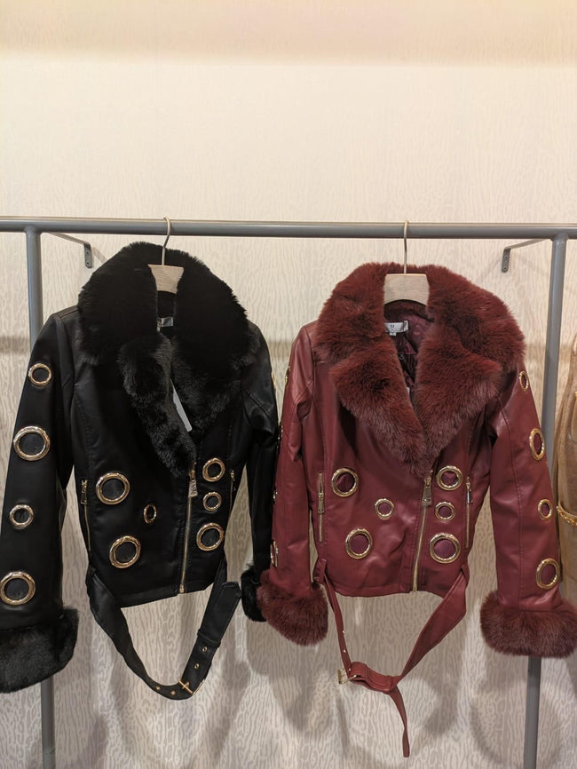 Wine belted faux fur PVC jacket