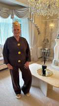 Gold button cardigan and trouser set