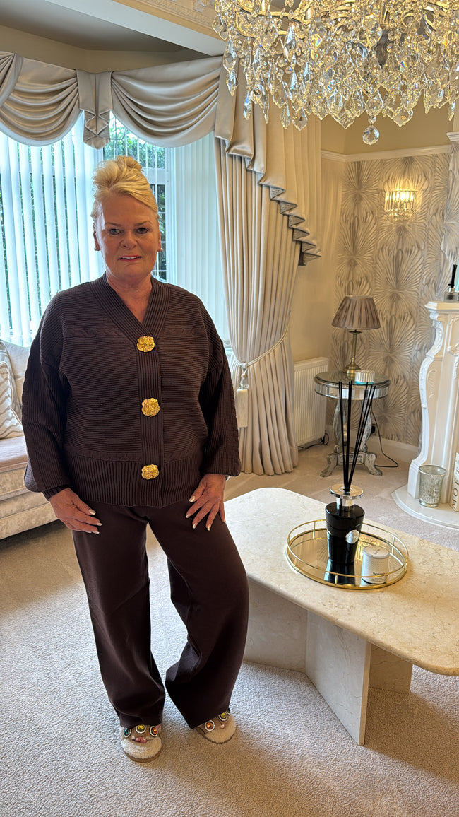 Gold button cardigan and trouser set
