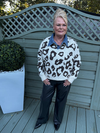 Leopard print denim collar jumper