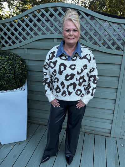 Leopard print denim collar jumper
