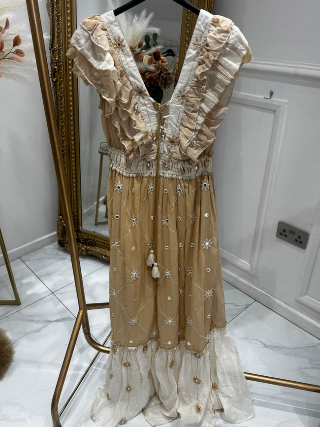 Tan ruffle BOHO dress 6173